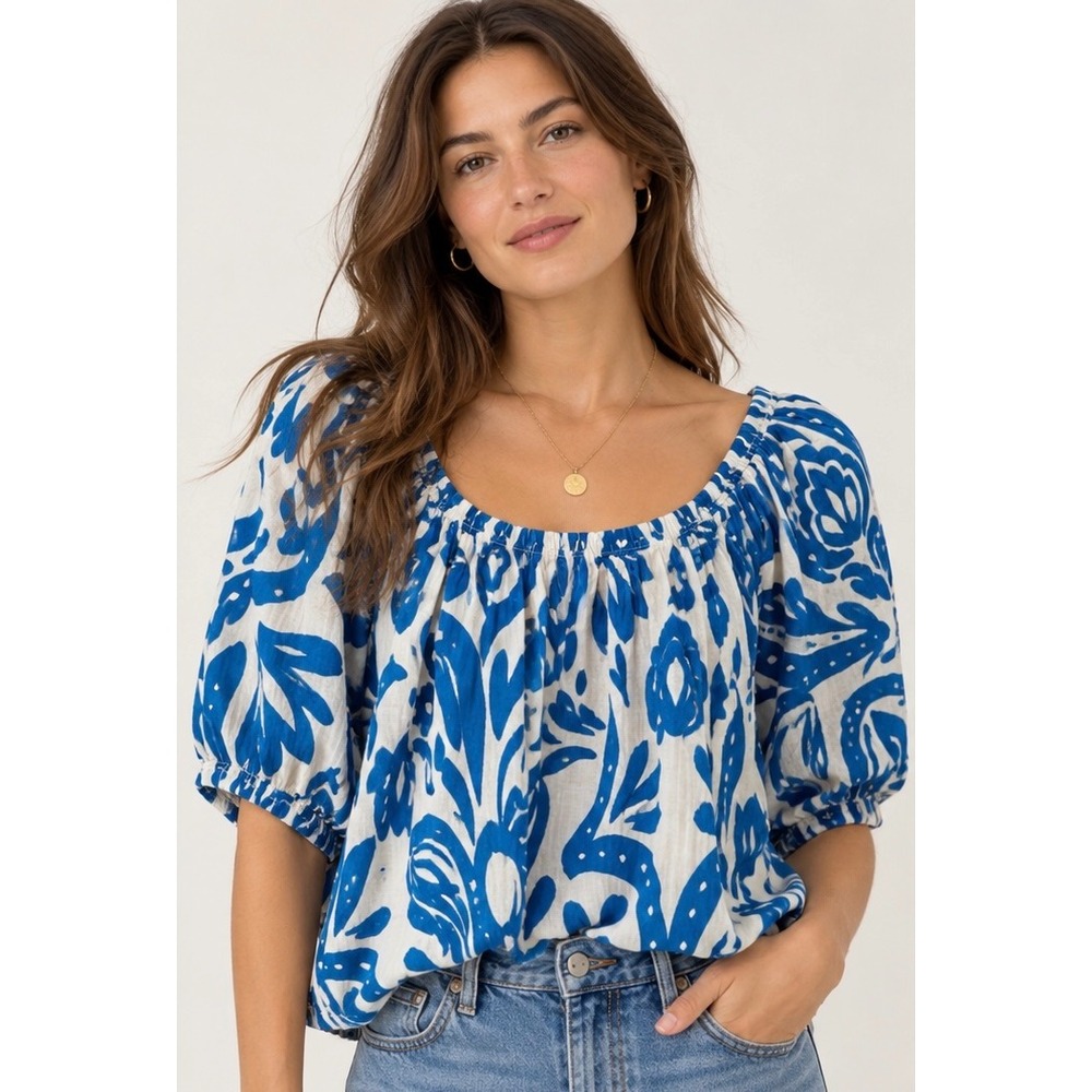 Velvet by Graham & Spencer Blue White Ikat Cotton Gauze Puff Sleeve Blouse XS